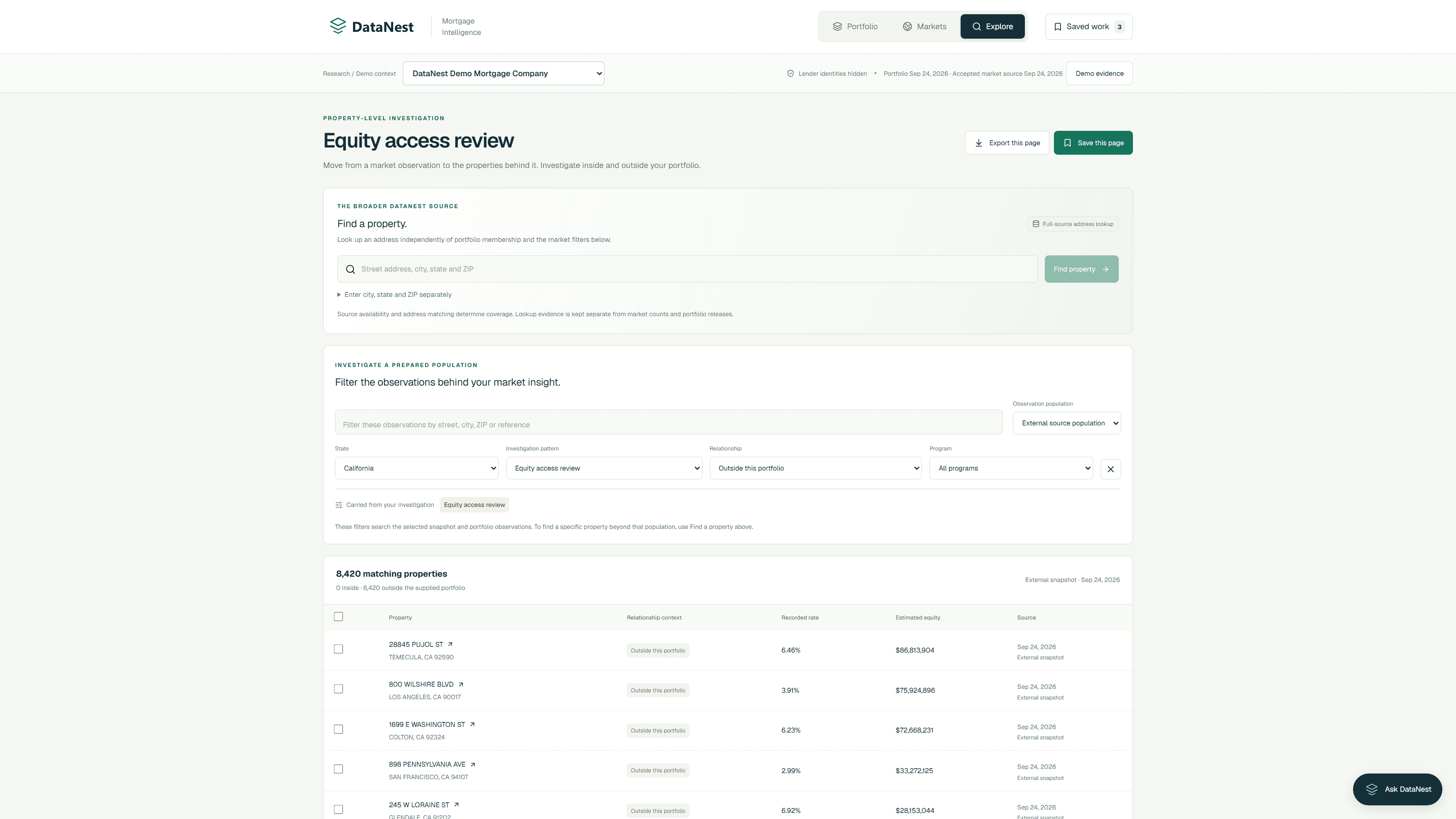 DataNest Explore results with an inherited equity condition and individual matching properties